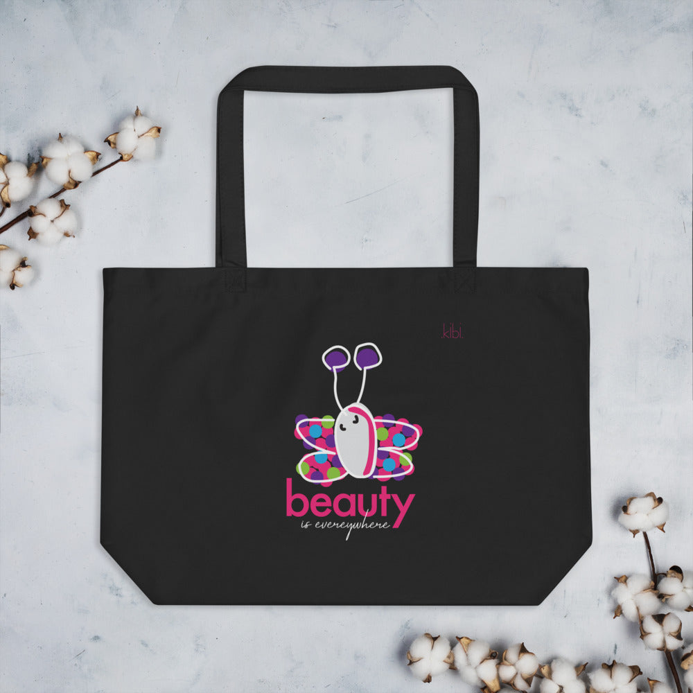 Large Lightweight Cotton Reusable Travel Tote - Beauty Butterfly - Black