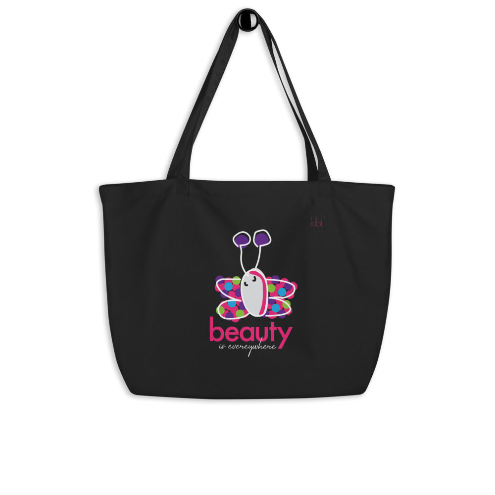 Large Lightweight Cotton Reusable Travel Tote - Beauty Butterfly - Black