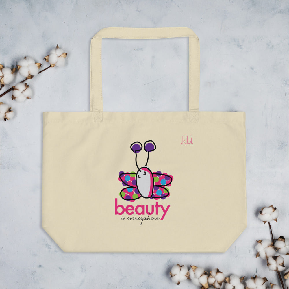 Large Lightweight Cotton Reusable Travel Tote - Beauty Butterfly - Natural